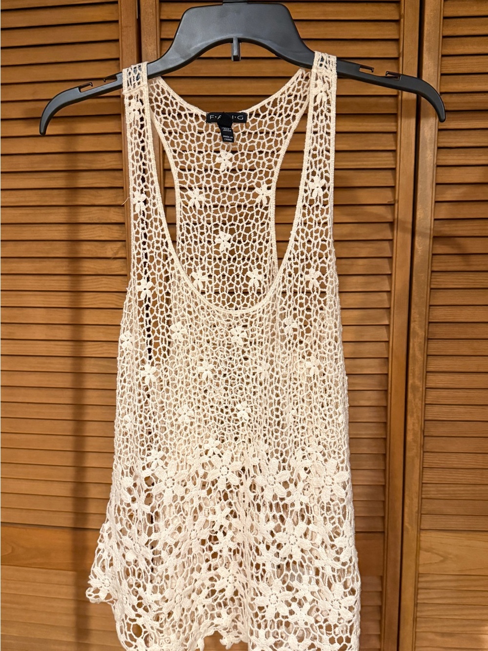 FANG Floral Crochet Open Knit Lace Tank Top Cream Boho Racerback Sz M layering